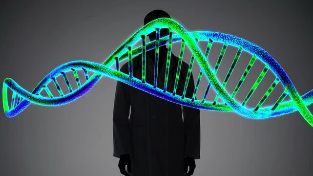 double exposure image featuring the silhouette of a doctor in a lab coat overlaid with a detailed DNA helix structure, blending the human element with genetic science