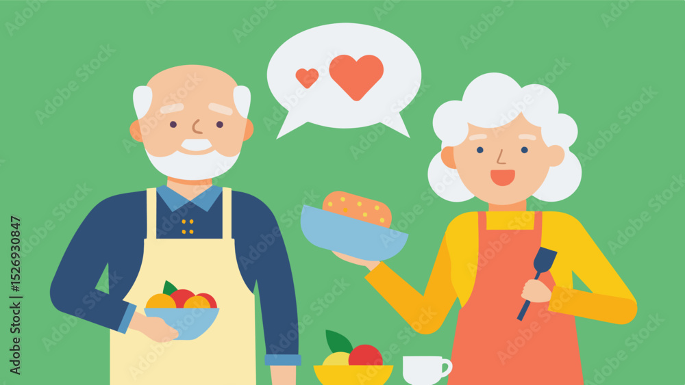 Poster an elderly couple putting their aprons on and getting ready to cook a healthy and nutritious meal wi