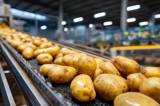 Potato sorting on conveyor belt in industrial warehouse with bright lighting