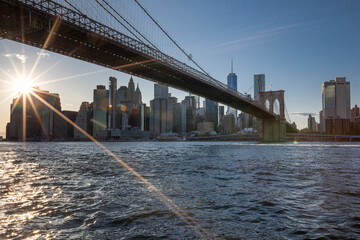 Fototapeta premium Brooklyn Bridge, East River and Lower Manhattan in Background. NYC Skyline. Dumbo. USA