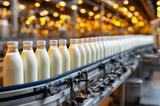 Automated milk bottling line in modern dairy factory with bright industrial lighting