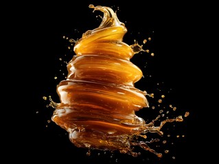 Golden Honey Swirl Splash in Abstract Spiral Shape on Black Background

