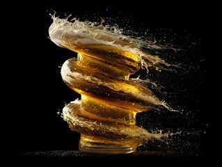 Exploding Beer Spiral with Foam and Splash on Black Background
