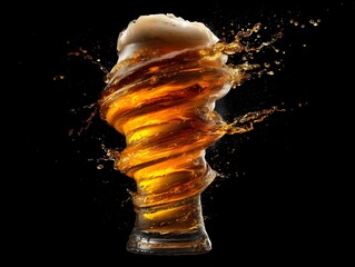 Swirling Beer Splash with Foam in Glass Shape on Black Background
