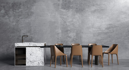 A dining room with a table and chairs by a concrete wall