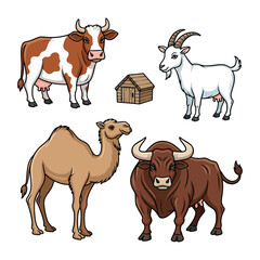 Assortment of Farm Animals Cow, Goat, Camel, and Bull