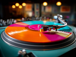 Close-up shot of a colorful spinning vinyl record on a modern turntable with a blurred background.