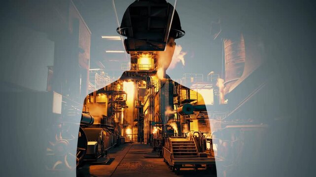 double exposure image featuring the silhouette of an engineer in a hard hat, overlaid with an industrial scene of machinery, factories, and gears, blending the human element with industrial elements