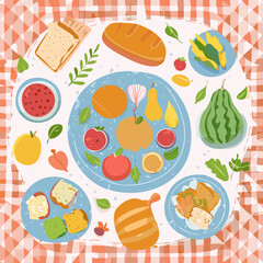 Colorful hand-drawn top view of table setting with breakfast and lunch meals. Naive cartoon flat food illustration with grid tablecloth, healthy ingredients, and cozy atmosphere