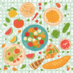 Colorful hand-drawn top view of table setting with breakfast and lunch meals. Naive cartoon flat food illustration with grid tablecloth, healthy ingredients, and cozy atmosphere