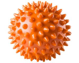 A realistic spiky orange rubber dog chew ball with evenly distributed soft nubs, isolated on white background.