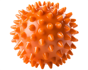 A realistic spiky orange rubber dog chew ball with evenly distributed soft nubs, isolated on white background.