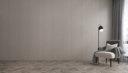 In the room, there is a chair alongside a lamp thats present