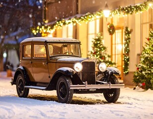 Vintage car in snowy Christmas town