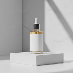 A clear glass dropper bottle with a white label and silver cap rests on a white square pedestal against a grey background with bokeh.
