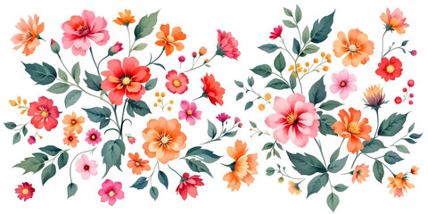 Artistic floral pattern with small orange red and pink blossoms on white background for card