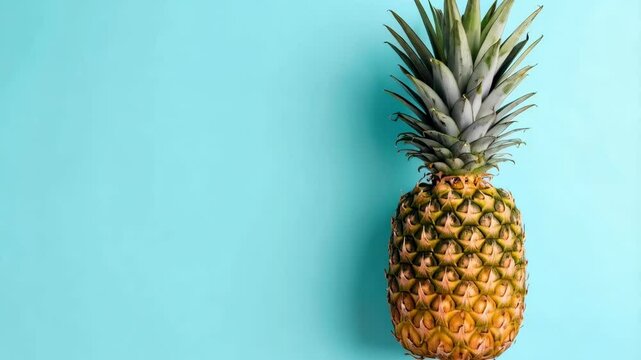 Tropical ripe pineapple with green crown laying on a light blue background. The exotic fruit sits on the right side with space for text.