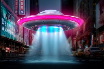 Futuristic ufo hovering over city street with neon lights at night