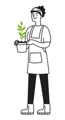 Woman with a plant in a pot in her hands, taking care of plants. Caring for nature. Gardening. Ecology. Vector illustration doodle
