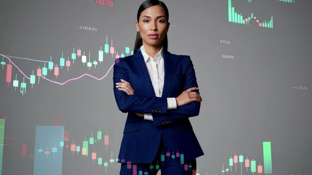 double exposure of a confident businesswoman in a suit overlaid with financial data, including spreadsheets, bar charts, and stock prices
