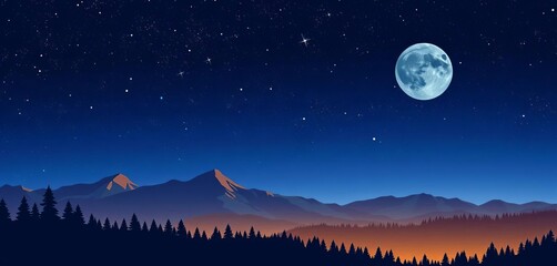 Fototapeta premium Abstract vector illustration of a starry night landscape with stylized mountains and forest silhouettes, black, midnight