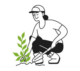 Woman working in the garden, planting a plant, caring for plants. Caring for nature. Gardening, park. Ecology. Vector illustration doodle