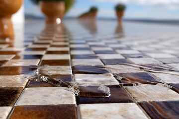 Checkerboard tiles wet surface reflection patterns outdoors