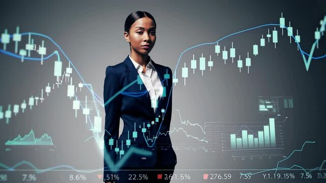 double exposure of a confident businesswoman in a suit overlaid with financial data, including spreadsheets, bar charts, and stock prices