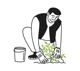 Man working in the garden, planting a plant, caring for plants. Caring for nature. Gardening, park. Ecology. Vector illustration doodle