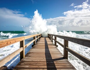 Powerful wave crashing on a wooden pier