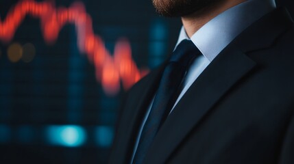 A man in a suit and tie stands in front of a graph with red lines