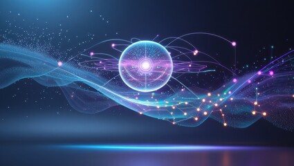 Abstract sphere with glowing lines and particles in a dark space