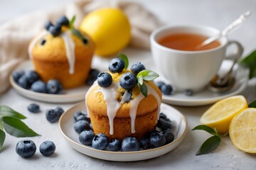 Blueberry lemon muffins and tea with fresh blueberries and lemons