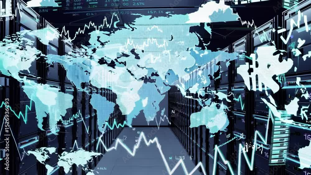 Poster double exposure of advanced technology like servers and data centers overlaid with global finance sy