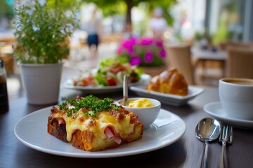 Gourmet breakfast spread with open-faced sandwich, salad, croissant, and coffee outdoors