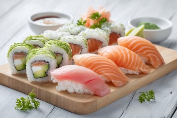 Assorted sushi platter with nigiri and maki rolls on wooden board