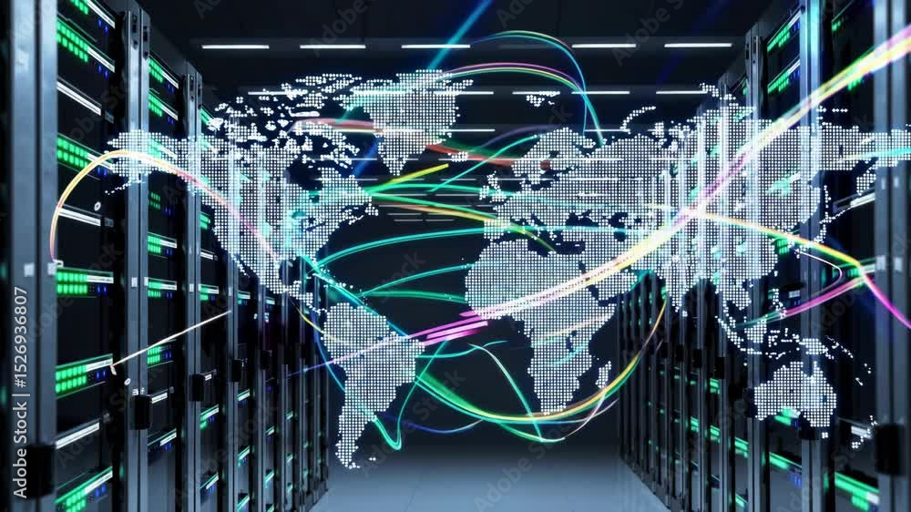 Poster double exposure of advanced technology like servers and data centers overlaid with global finance sy