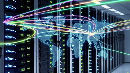 double exposure of advanced technology like servers and data centers overlaid with global finance symbols like currency exchange rates and world maps - Powered by Adobe