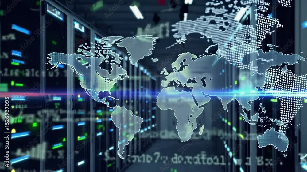 Poster double exposure of advanced technology like servers and data centers overlaid with global finance sy