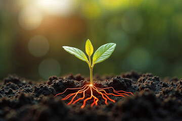 Vibrant young plant grows in rich soil, revealing a powerful network of glowing energetic roots, symbolizing the power of a strong foundation