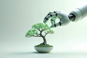 A robotic hand gently nurtures a luminous bonsai, bridging technology and nature, symbol of technology and nature in harmony