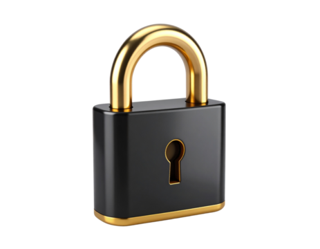 Secure Black Lock With Golden Finish Elements on White Background