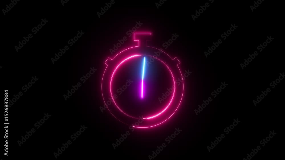 Poster glowing neon clock icon animation with moving arrows and 24 hours day fast speed on black background
