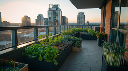 Fototapeta premium A lush rooftop garden in a city, vibrant green plants, solar panels, eco-friendly setup, golden hour lighting, urban skyline background, dslr,