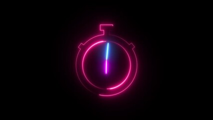 Glowing neon Clock icon animation with moving arrows and 24 hours day fast speed on black background. analog clock icon . - Powered by Adobe