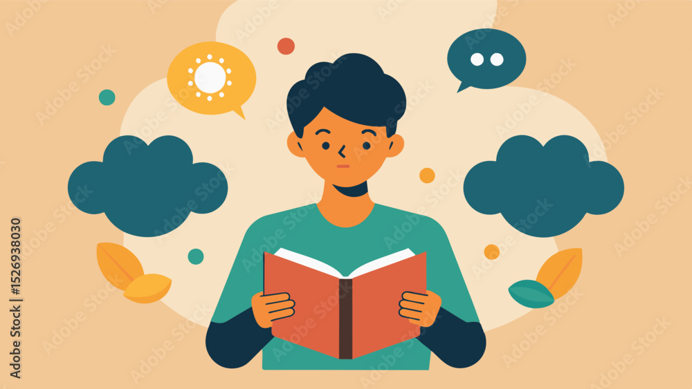 Poster an image of a person reading a book with thought bubbles showing the sights and smells described in 