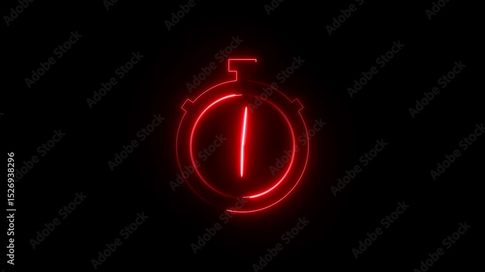 Poster glowing neon clock icon animation with moving arrows and 24 hours day fast speed on black background