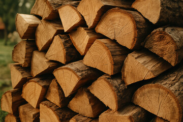 Fototapeta premium Stacked firewood logs with rough bark, cut into uniform pieces and piled outdoors for seasoning before winter uses