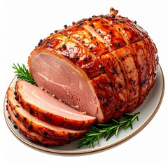 Roasted Glazed Ham with Rosemary on White Plate