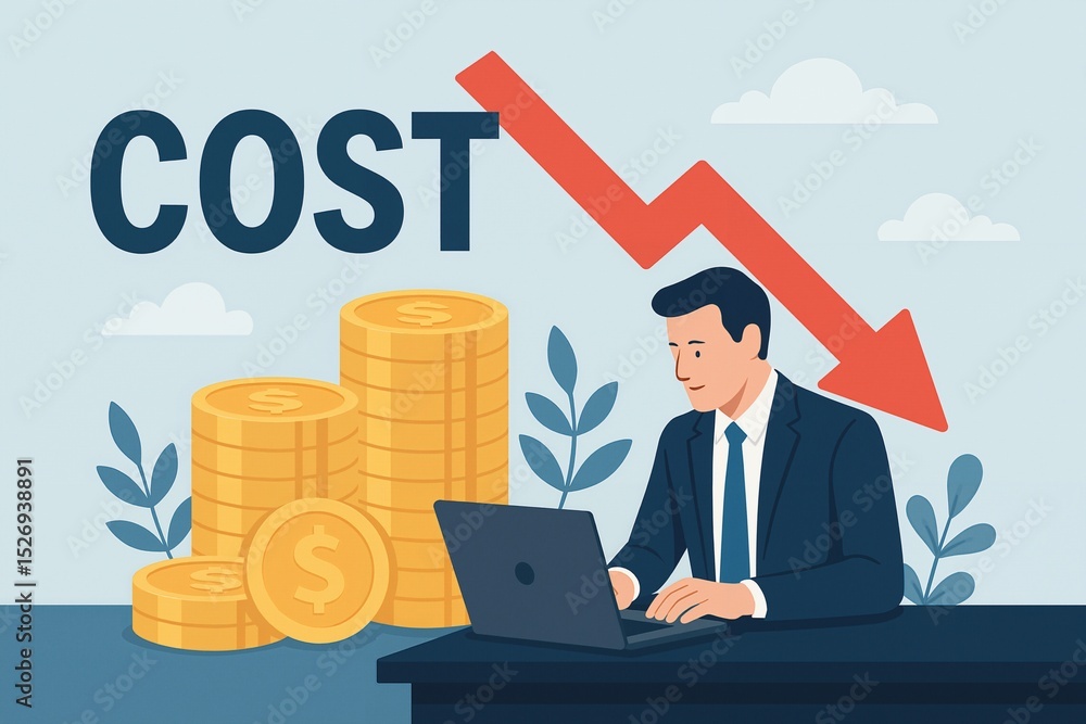 Poster a businessman analyzing costs while working on a laptop with falling graph and gold coins in the bac